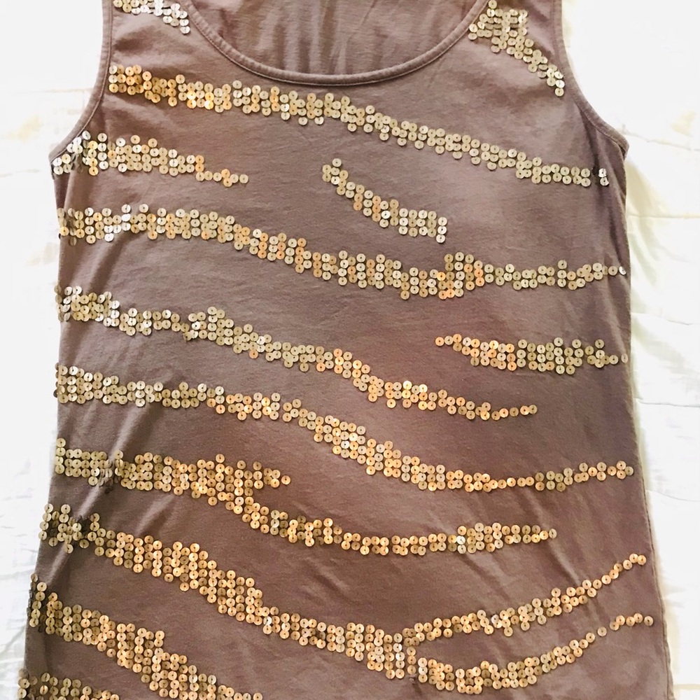 Tribal Brown and Gold Sequin Embellished Tank Top